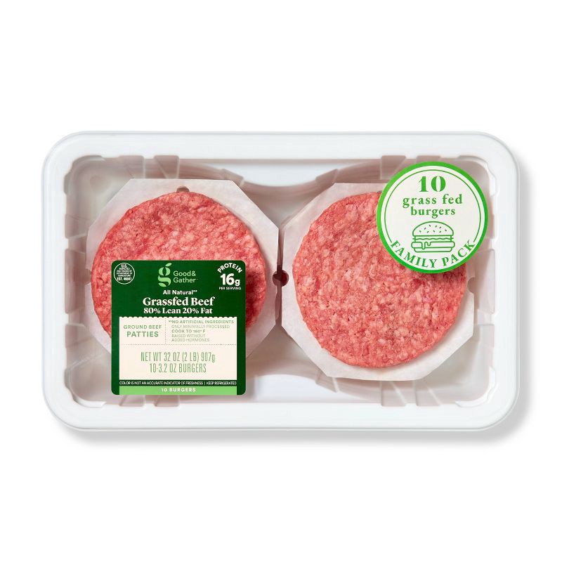 slide 1 of 5, Fresh Grass Fed Beef Burger Patties 80/20 - 10ct/32oz - Good & Gather, 20 x 10 ct, 32 oz