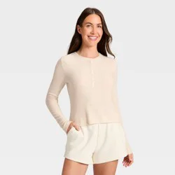 Women's Cozy Ribbed Long Sleeve Henley Pullover - Auden™ Oatmeal M