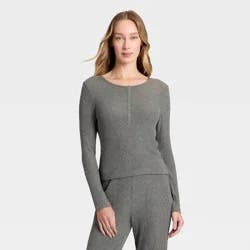 Women's Cozy Ribbed Long Sleeve Henley Pullover - Auden™ Dark Gray L