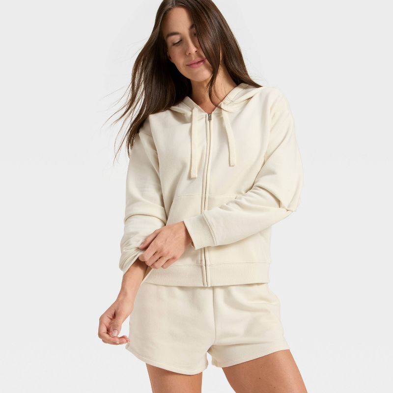 slide 3 of 5, Women's Fleece Zip-Up Sweatshirt - Auden™ Cream L, 1 ct