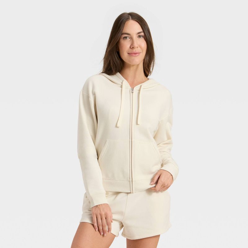 slide 1 of 5, Women's Fleece Zip-Up Sweatshirt - Auden™ Cream L, 1 ct