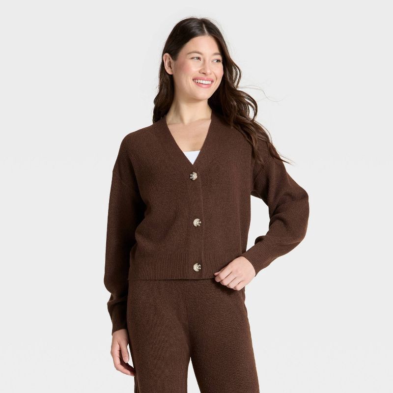 slide 1 of 3, Women's Cable Sweater Cardigan - Auden™ Heather Brown S, 1 ct