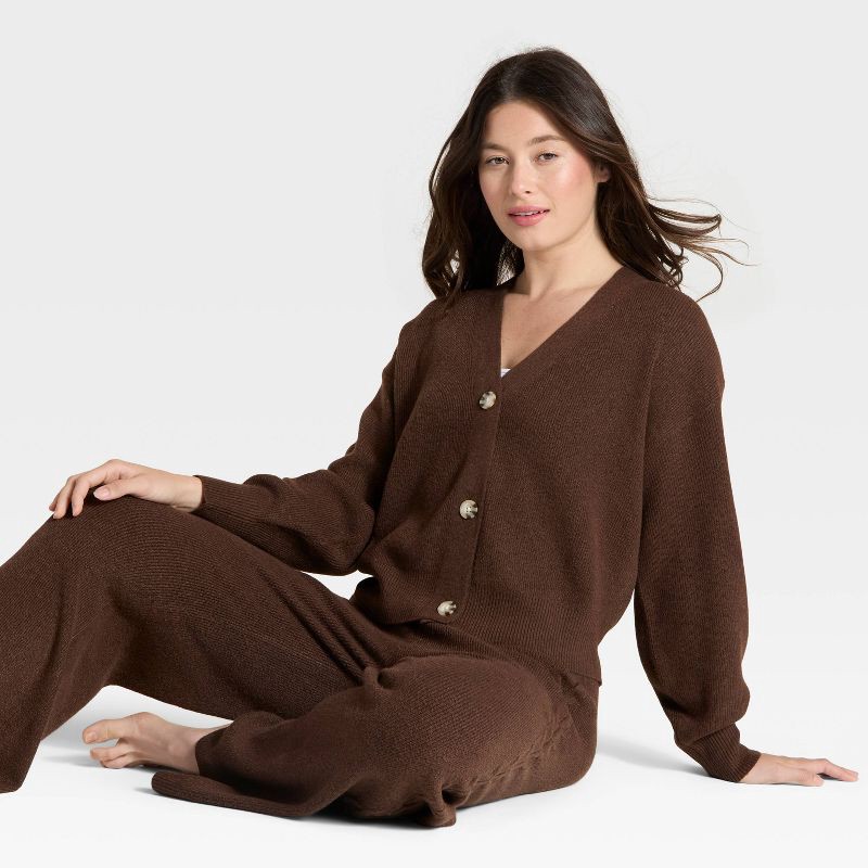 slide 3 of 3, Women's Cable Sweater Cardigan - Auden™ Heather Brown L, 1 ct