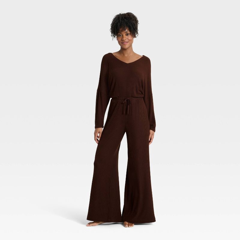 slide 3 of 5, Women's Cozy Ribbed Wide Leg Pants - Auden™ Brown L, 1 ct