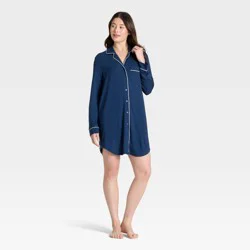 Women's Cloud Knit Modal Notch Collar Long Sleeve Nightgown - Auden™ Navy Blue XS