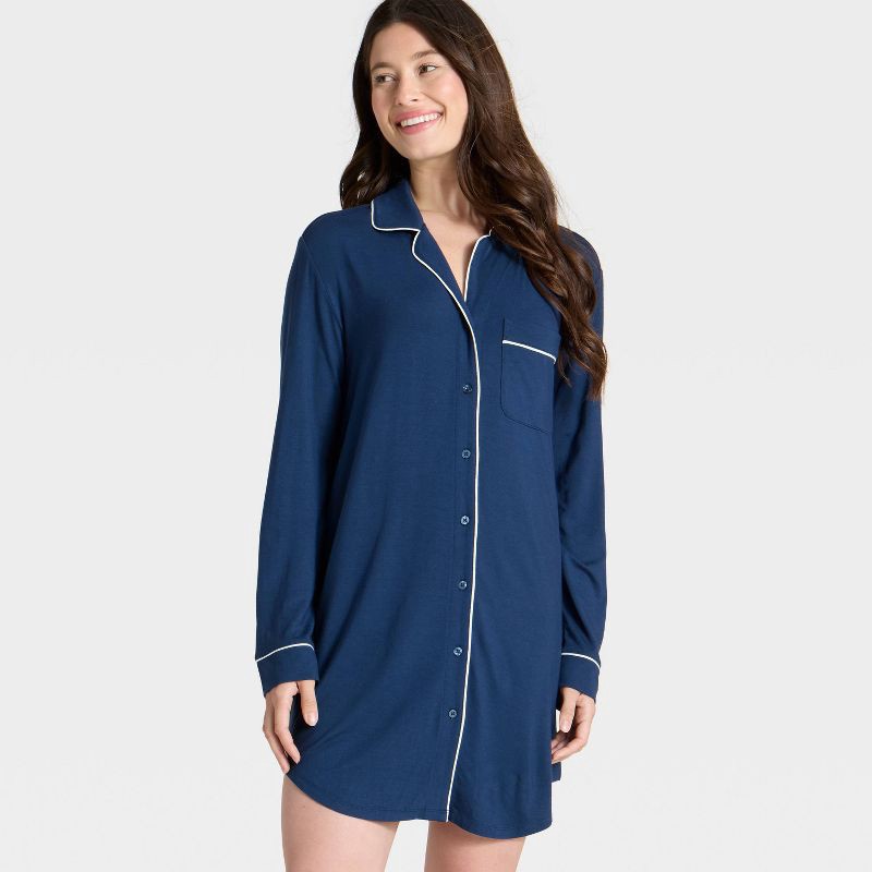 slide 3 of 3, Women's Cloud Knit Modal Notch Collar Long Sleeve Nightgown - Auden™ Navy Blue XL, 1 ct