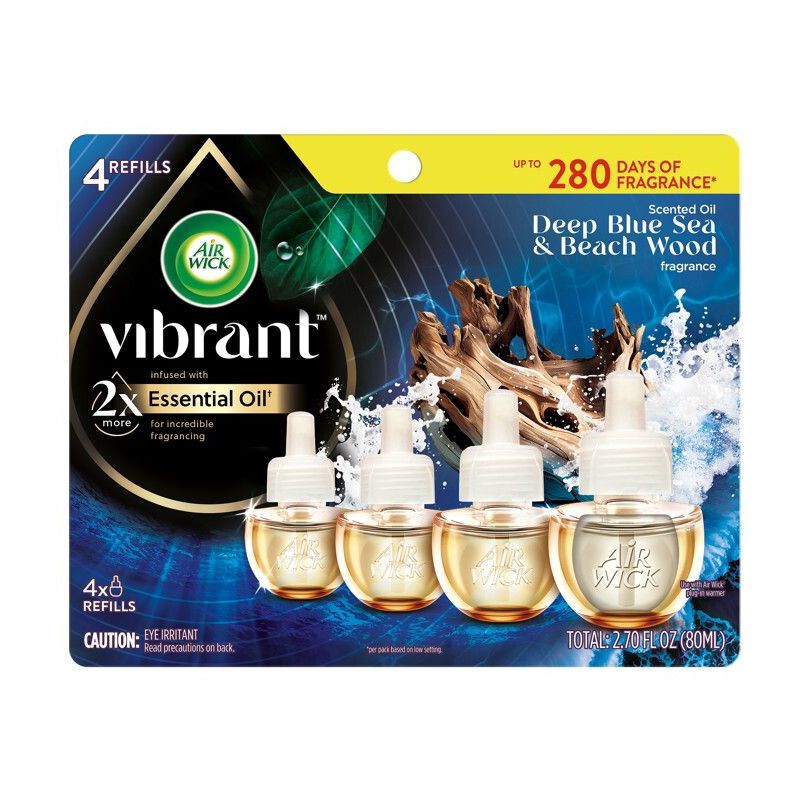 slide 2 of 9, Air Wick Vibrant Scented Oil Air Freshener Refills - Deep Blue Sea & Beach Wood - 4pk, 4 ct