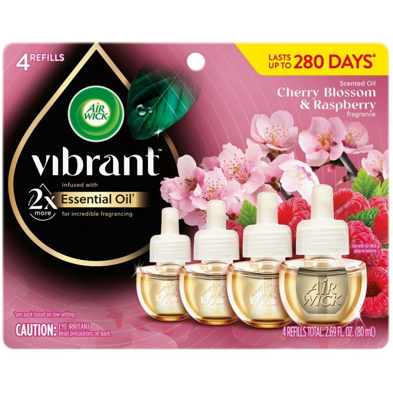 slide 2 of 9, Air Wick Vibrant Plug-in Scented Oil Air Freshener Refills - Cherry Blossom & Raspberry - 4pk, 4 ct