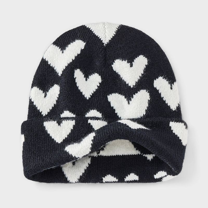 slide 2 of 3, Girls' Knitted Heart Beanie Hat - Cat & Jack™ Black/White, 1 ct