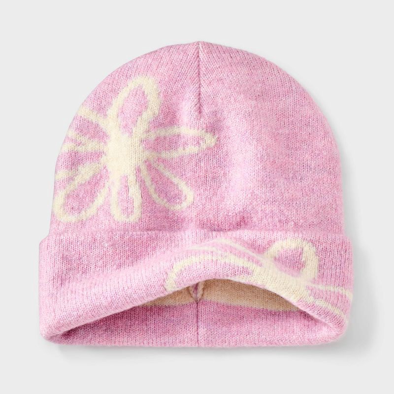 slide 2 of 3, Girls' Knitted Floral Beanie Hat - Cat & Jack™ Purple/White, 1 ct