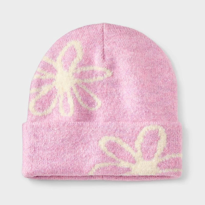 slide 1 of 3, Girls' Knitted Floral Beanie Hat - Cat & Jack™ Purple/White, 1 ct