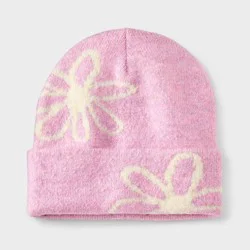 Girls' Knitted Floral Beanie Hat - Cat & Jack™ Purple/White