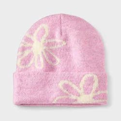 Girls' Knitted Floral Beanie Hat - Cat & Jack™ Purple/White