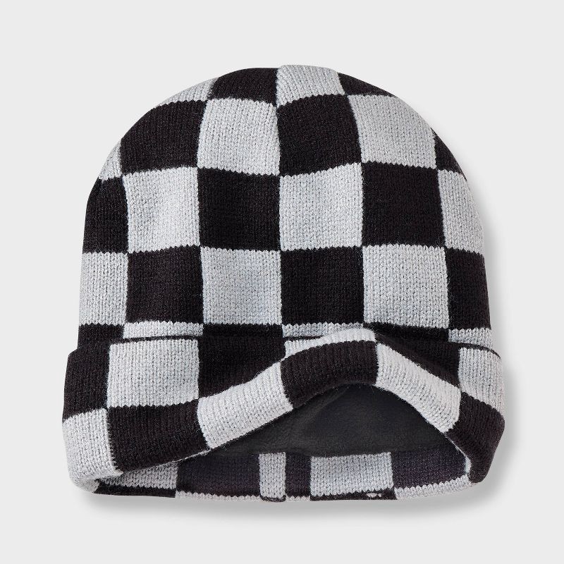 slide 2 of 3, Boys' Checkerboard Beanie Hat - Cat & Jack™ Black/Gray, 1 ct