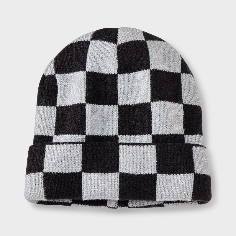 slide 1 of 3, Boys' Checkerboard Beanie Hat - Cat & Jack™ Black/Gray, 1 ct