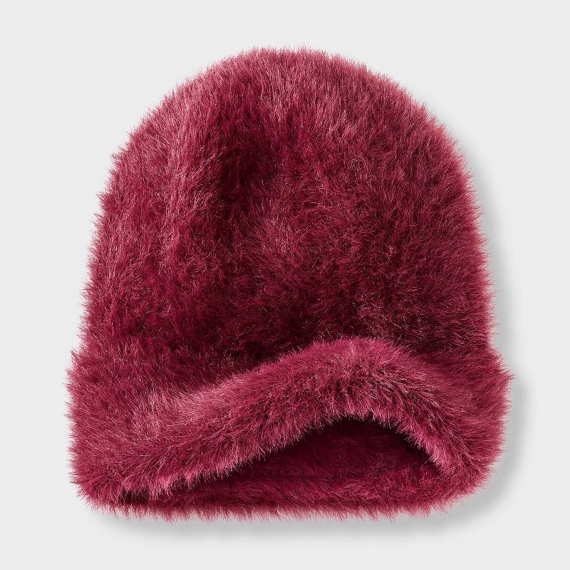 slide 2 of 3, Girls' Wide Cuff Fuzzy Beanie Hat - art class™ Maroon, 1 ct