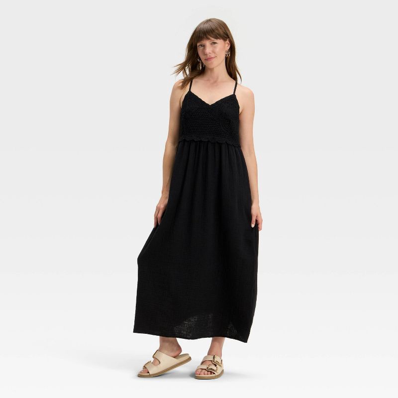 slide 3 of 3, Women's Crochet Trim Maxi Sundress - Universal Thread™ Black L, 1 ct