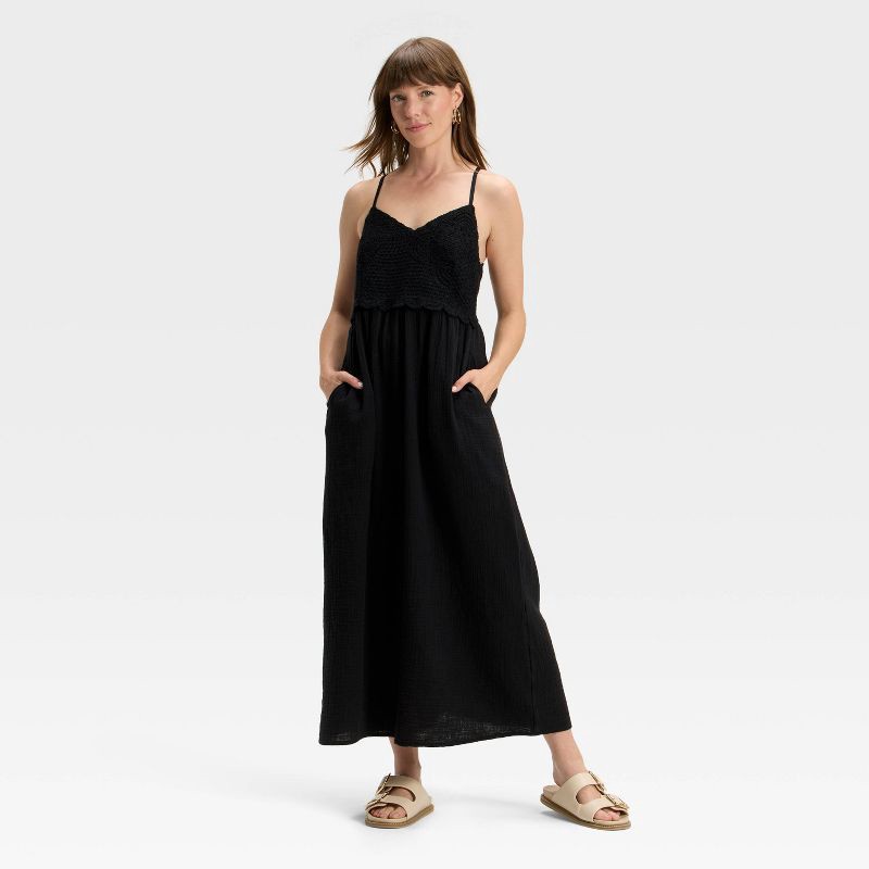 slide 1 of 3, Women's Crochet Trim Maxi Sundress - Universal Thread™ Black L, 1 ct
