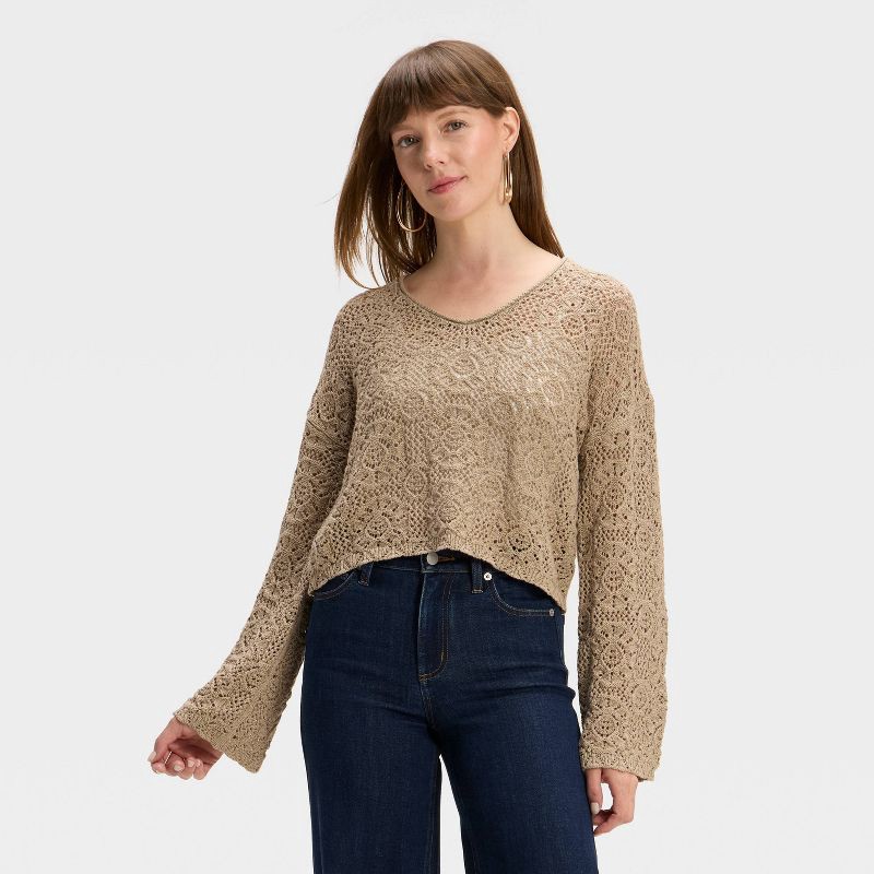 slide 1 of 3, Women's Open Stitch V-Neck Pullover Sweater - Universal Thread™ Tan S, 1 ct