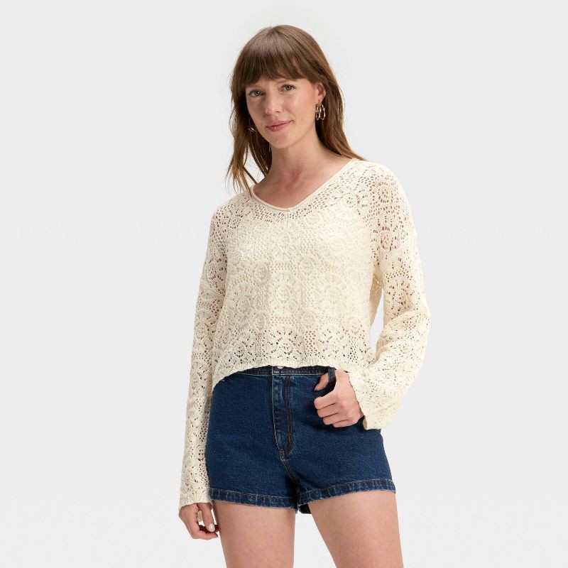slide 1 of 3, Women's Open Stitch V-Neck Pullover Sweater - Universal Thread™ Cream XS, 1 ct