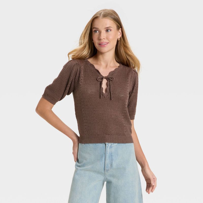 slide 1 of 3, Women's Short Sleeve V-Neck Pullover Sweater - Universal Thread™ Brown XS, 1 ct