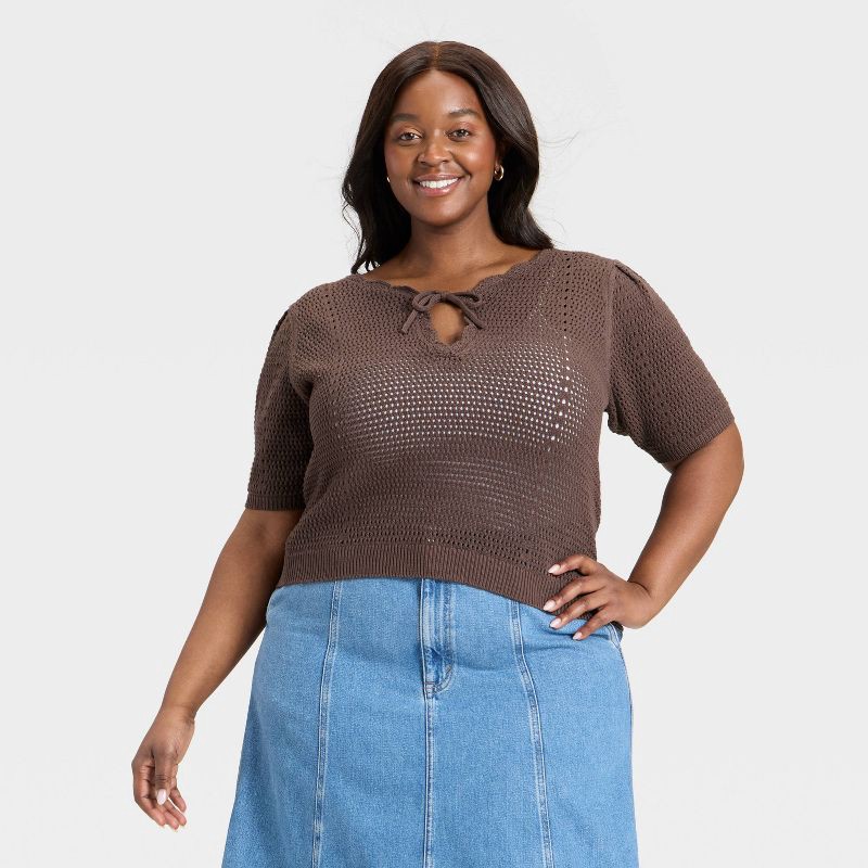 slide 1 of 3, Women's Short Sleeve V-Neck Pullover Sweater - Universal Thread™ Brown XXL, 1 ct