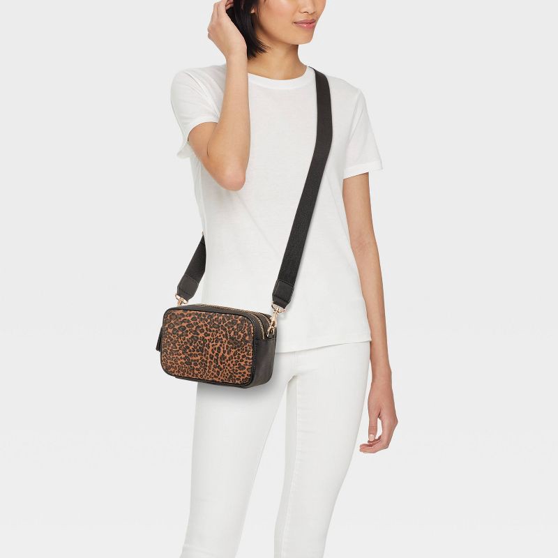 slide 2 of 5, Double Zip Camera Leopard Print Crossbody Bag - Universal Thread™ Black/Brown, 1 ct
