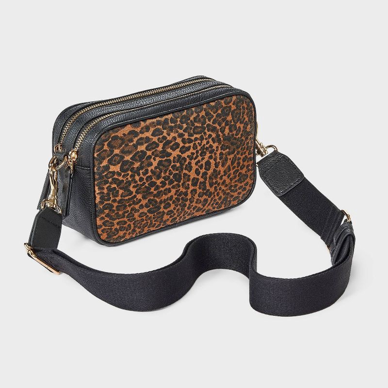 slide 3 of 5, Double Zip Camera Leopard Print Crossbody Bag - Universal Thread™ Black/Brown, 1 ct