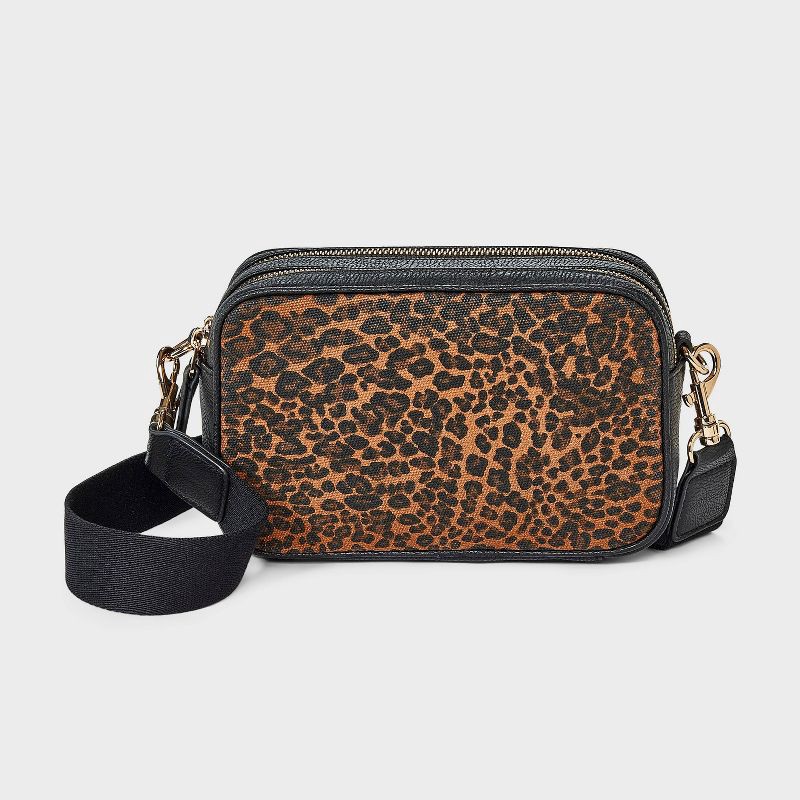 slide 1 of 5, Double Zip Camera Leopard Print Crossbody Bag - Universal Thread™ Black/Brown, 1 ct