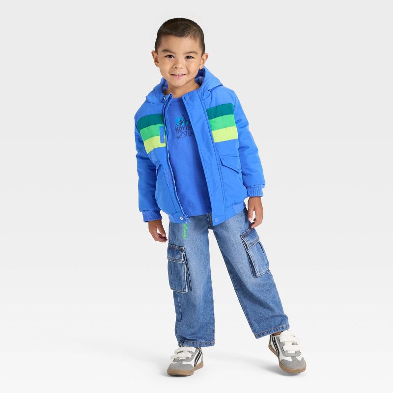 slide 2 of 3, Toddler Boys' Colorblock Striped Heavyweight Puffer Jacket - Cat & Jack™ Blue 18M, 1 ct
