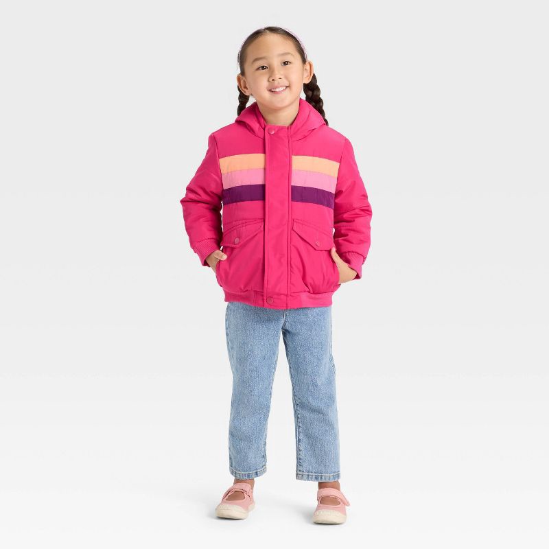 slide 3 of 3, Toddler Girls' Striped Heavyweight Puffer Jacket - Cat & Jack™ Pink 18M, 1 ct