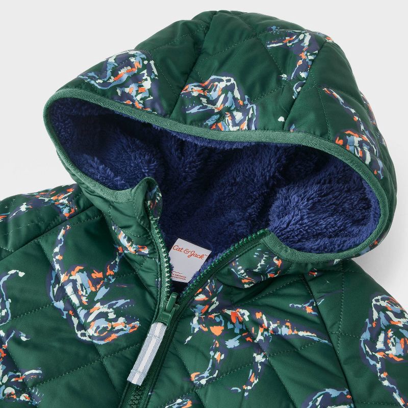 slide 2 of 4, Toddler Boys' Dino Printed Quilted Reversible Puffer Jacket - Cat & Jack™ Dark Green 3T, 1 ct