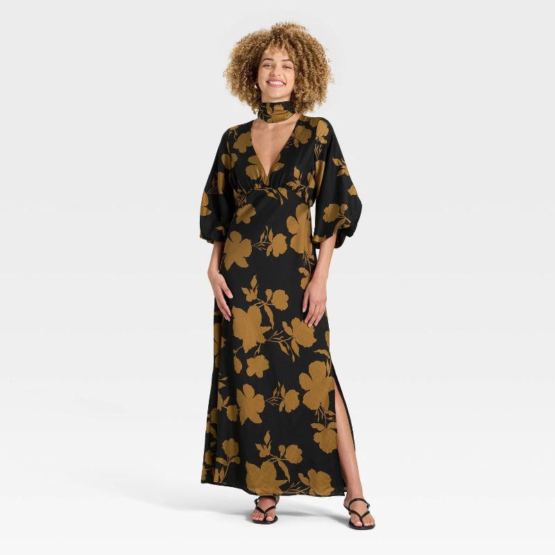 slide 1 of 3, Women's Tie Neck Maxi Dress - A New Day™ Black/Brown Floral XS, 1 ct