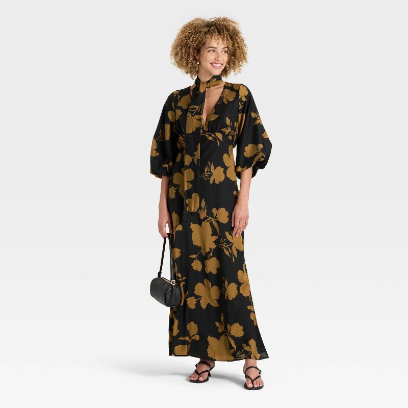 slide 2 of 3, Women's Tie Neck Maxi Dress - A New Day™ Black/Brown Floral XS, 1 ct