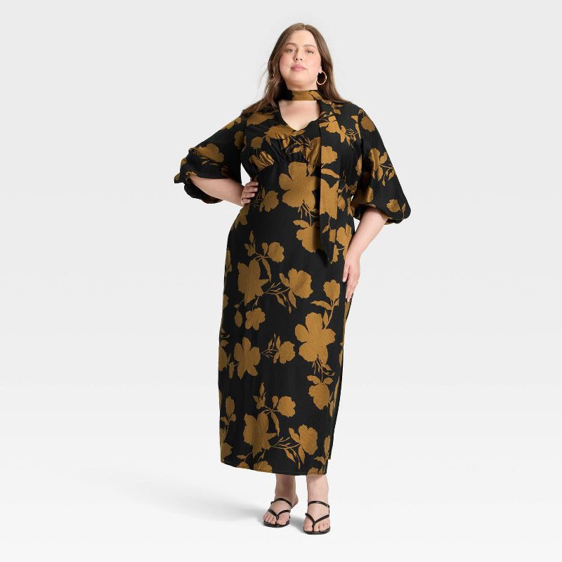 slide 2 of 3, Women's Tie Neck Maxi Dress - A New Day™ Black/Brown Floral XXL, 1 ct