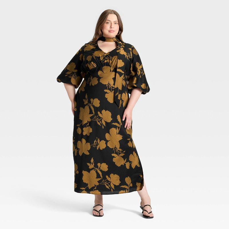 slide 1 of 3, Women's Tie Neck Maxi Dress - A New Day™ Black/Brown Floral XXL, 1 ct