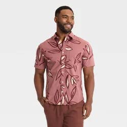 Men's Vacay Short Sleeve Poplin Shirt - Goodfellow & Co™ Berry Plum Leaf XXL