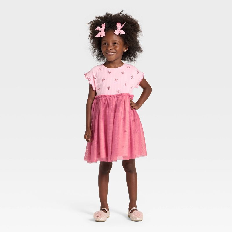slide 3 of 3, Toddler Girls' Short Sleeve Ribbed Tulle Dress - Cat & Jack™ Pink 5T, 1 ct