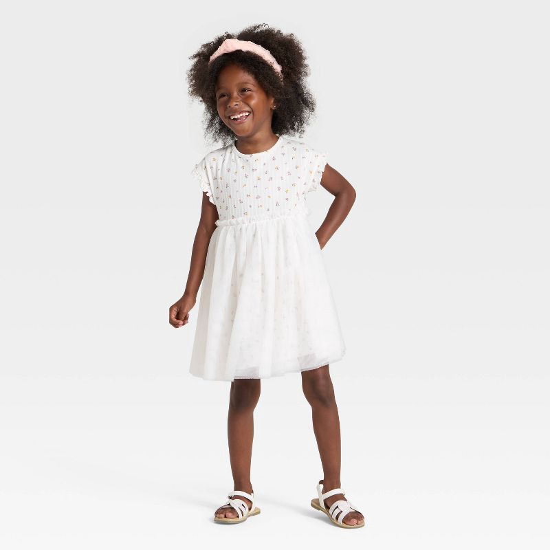 slide 3 of 3, Toddler Girls' Short Sleeve Ribbed Tulle Dress - Cat & Jack™ Cream 4T, 1 ct