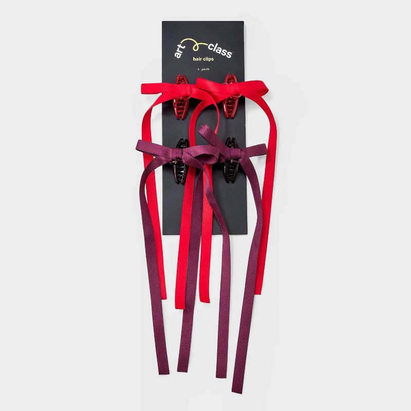 slide 2 of 3, Girls' 4pk Long Tail Satin Bow Claw Clip Set - art class™ Maroon/Red, 4 ct