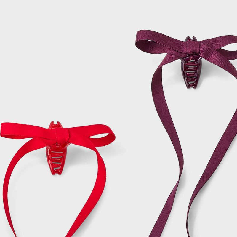 slide 3 of 3, Girls' 4pk Long Tail Satin Bow Claw Clip Set - art class™ Maroon/Red, 4 ct