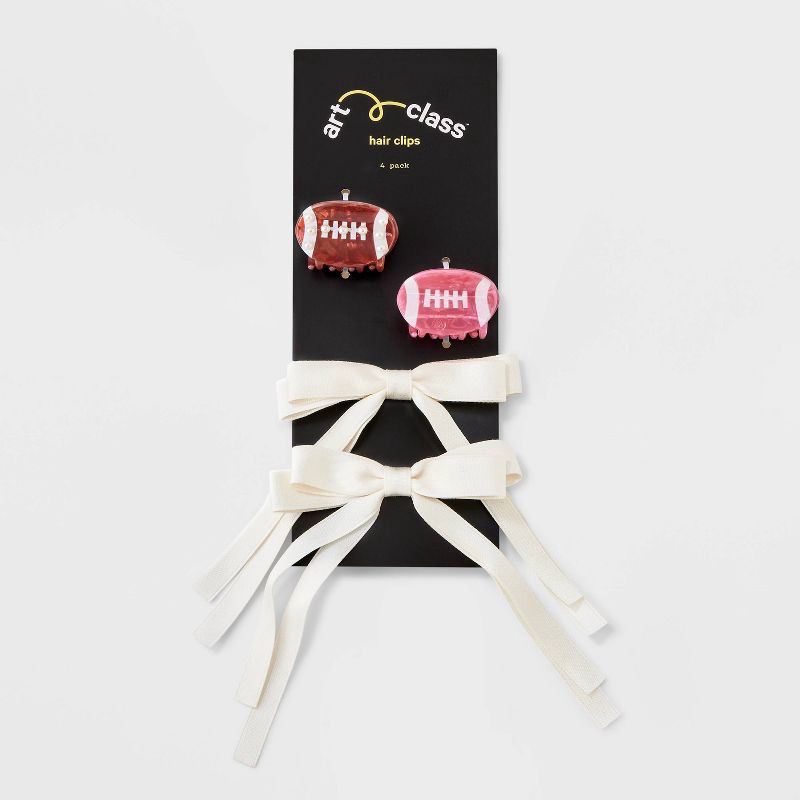 slide 2 of 3, Girls' 4pk Football and Satin Bow Claw Clip Set - art class™, 4 ct