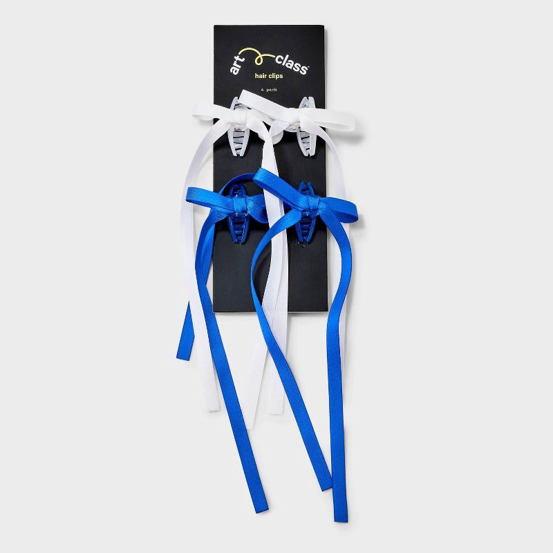 slide 2 of 3, Girls' 4pk Long Tail Satin Bow Claw Clip Set - art class™ Blue/White, 4 ct