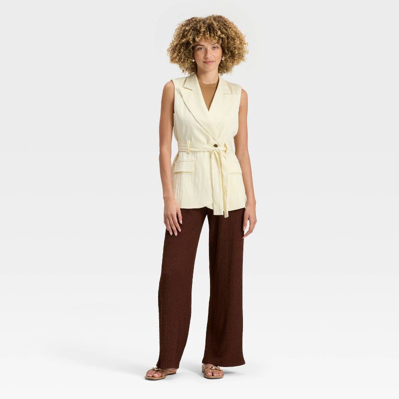 slide 3 of 3, Women's Mid-Rise Regular Fit Textured Pull-On Pants - A New Day™ Brown L, 1 ct