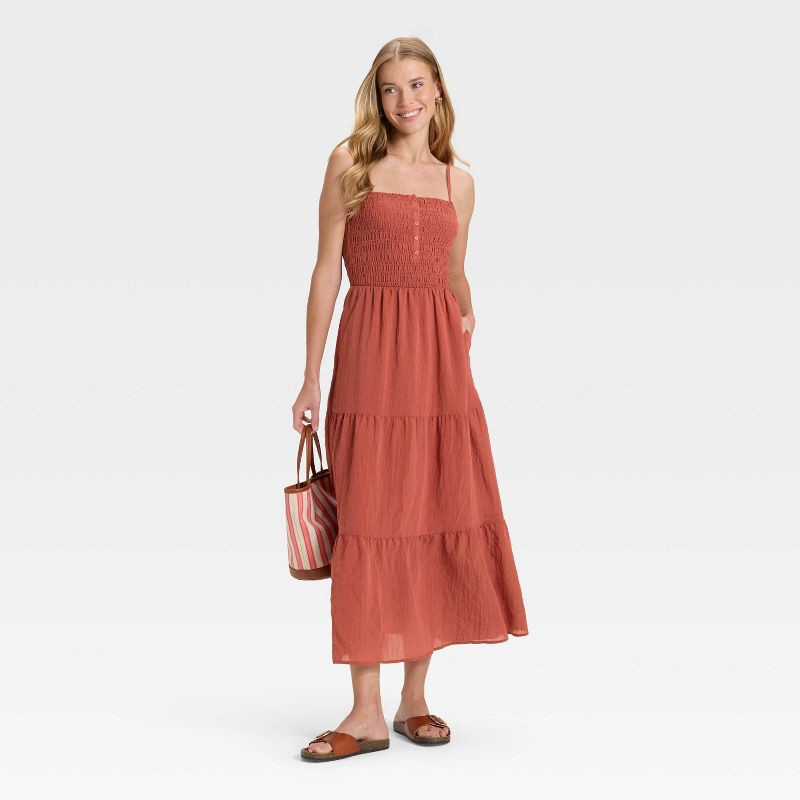 slide 2 of 3, Women's Button-Front Smocked Maxi Sundress - Universal Thread™ Red M, 1 ct