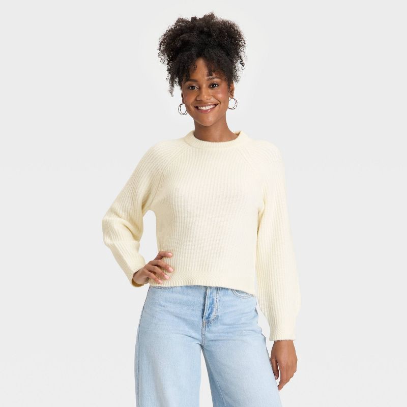 slide 1 of 3, Women's Long Sleeve Cozy Knit Crewneck Pullover Sweater - Universal Thread™ Cream L, 1 ct