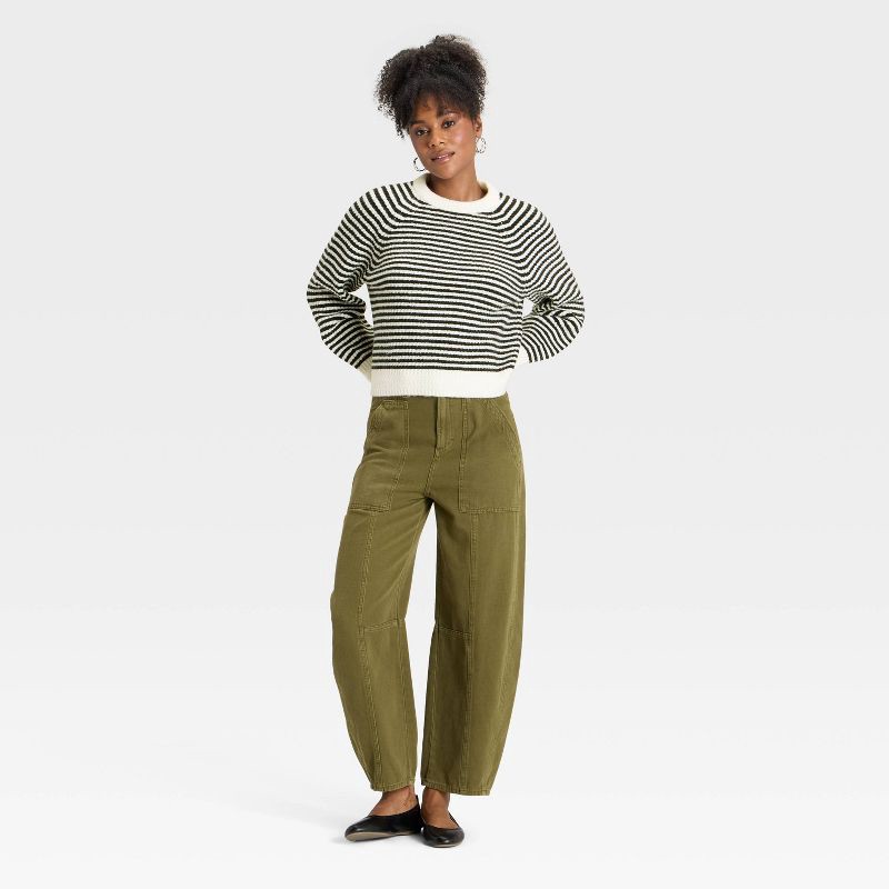 slide 3 of 3, Women's Long Sleeve Cozy Knit Crewneck Pullover Sweater - Universal Thread™ Black Striped L, 1 ct