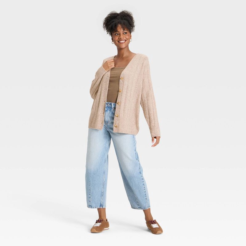 slide 3 of 3, Women's Knit Ribbed Cardigan Sweater - Universal Thread™ Tan XS, 1 ct