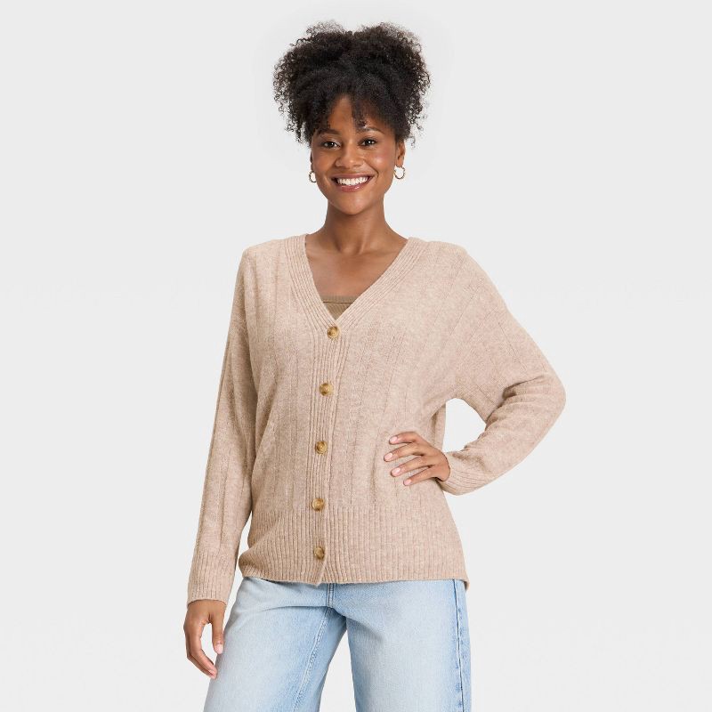 slide 1 of 3, Women's Knit Ribbed Cardigan Sweater - Universal Thread™ Tan XL, 1 ct