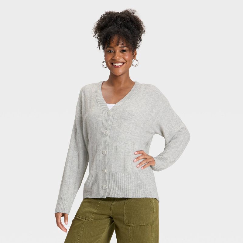 slide 1 of 3, Women's Knit Ribbed Cardigan Sweater - Universal Thread™ Heather Gray M, 1 ct